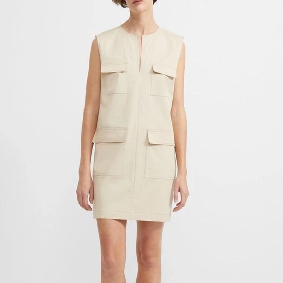 Theory Stretch Split Neck Utilitarian Chino Shift Mini Dress Cream Womens Size 4 - Picture 1 of 7